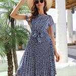 Vestido longo plissado floral feminino, linha A, manga curta, cintura alta, chique, primavera, verão, moda