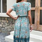 Vestido Boho Midi com estampa floral verde feminino, elegante vestido curto manga pétala, festa, férias, roupas de praia, feminino, verão, 2023