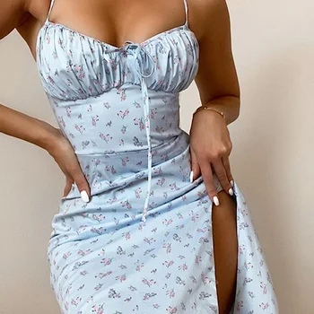 Hugcitar-Vestido maxi floral sem mangas de cetim, bandagem ruched, recortada, moda verão, robe sexy de clube de festa, Kpytomoa, 2023