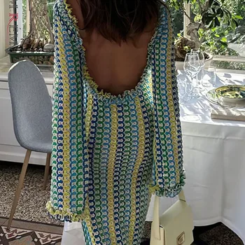 Lanmrem-Vestido feminino de renda sem costas, cor contrastante, mangas compridas, vestidos finos, nova moda, roupas de verão, 32C825, 2024