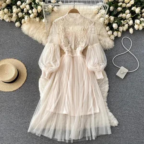 Vestido feminino de malha com flor de renda, manga lanterna, vestidos longos brancos para festa, elegante vintage, conjuntos de 2 peças, novo, 12041