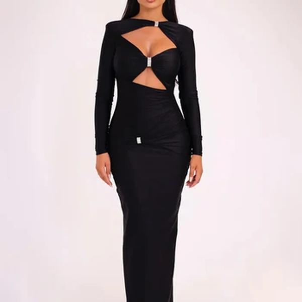 Mozision-Vestido Maxi de manga comprida oco feminino, monocromático, slim fit, cortado, elegante, sexy, clube, festa, novo