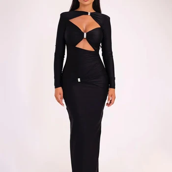 Mozision-Vestido Maxi de manga comprida oco feminino, monocromático, slim fit, cortado, elegante, sexy, clube, festa, novo