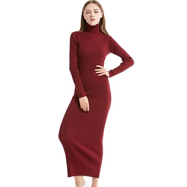 Vestido maxi feminino manga comprida gola alta estilo malha, vestido de festa sexy, slim fit, desgaste do trabalho, escritório, inverno, nova moda