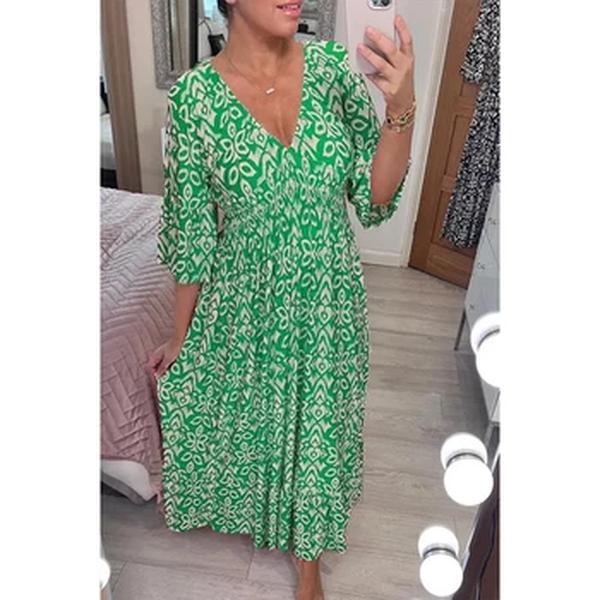Vestido floral com decote em v feminino com mangas cortadas, casual, solto, elegante, elástico na cintura, linha A, saia longa, novo