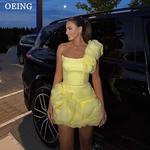 OEING-Ruffles Prom Dress, flores elegantes, strap espaguete camadas, vestidos de festa frisados, vestidos Homecoming