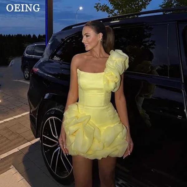 OEING-Ruffles Prom Dress, flores elegantes, strap espaguete camadas, vestidos de festa frisados, vestidos Homecoming