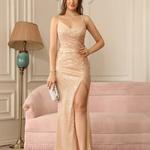 Vestidos de baile com lantejoulas para mulheres, alça de espaguete, sem costas, divisão longa, vestidos formais de noite, champanhe sexy