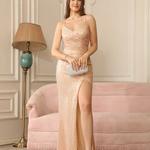 Vestidos de baile com lantejoulas para mulheres, alça de espaguete, sem costas, divisão longa, vestidos formais de noite, champanhe sexy