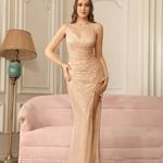 Vestidos de baile com lantejoulas para mulheres, alça de espaguete, sem costas, divisão longa, vestidos formais de noite, champanhe sexy