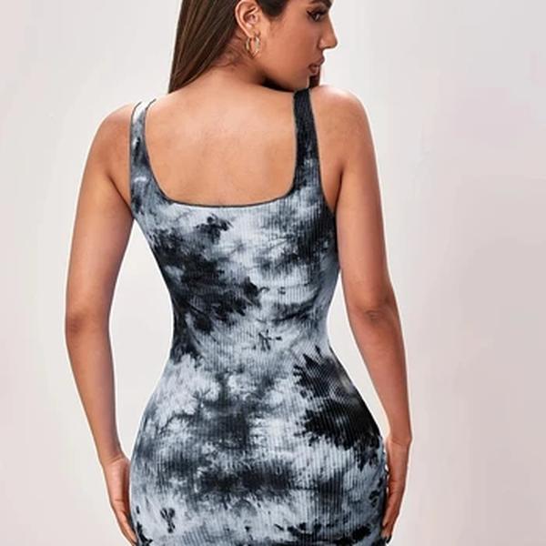 Sexy Slim Fit Tie Dye Impresso Nádega Envoltório Saia Curta, Colete e Suspender Vestido