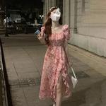 Manga curta praia Midi Vestido, Floral, Elegante, Francês, One Piece