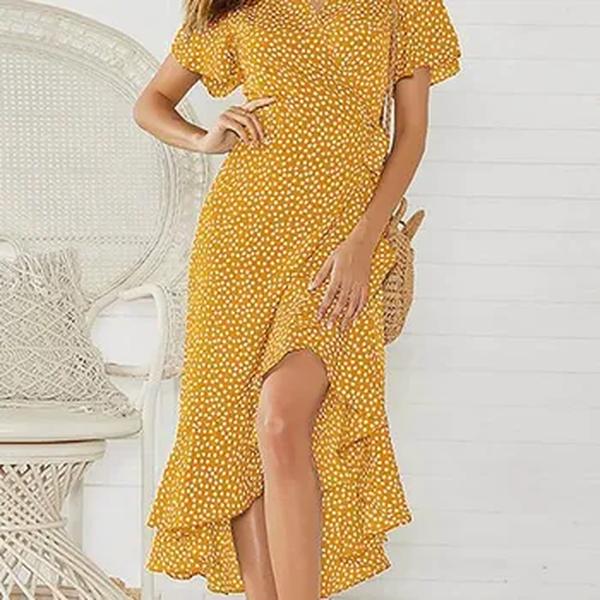 Vestido maxi estampado floral feminino, vestido longo de chiffon boho, babados, decote em v casual, dividido, vestido de festa sexy, praia, verão