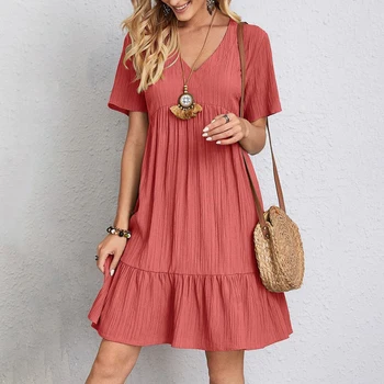 Feminino casual boêmio com decote em V manga curta babados mini vestido, vestido solto em linha a, monocromático, elegante, praia, festa, rua, verão