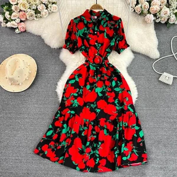 Vestido longo estampado vintage feminino, elegante gola virada para baixo, peito único, manga curta, cintura alta, maxi linha A, verão, novo