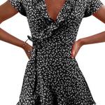 Mini vestido de babados florais femininos, Floral A-Line, Vestido curto bandagem para senhora, Flores chiques, doce, elegante, verão