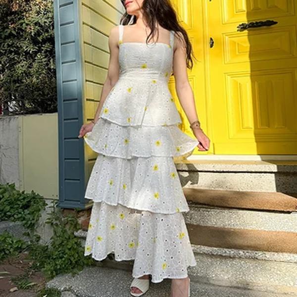 Vestido de noite sem mangas estampado floral francês feminino, suspensor, cintura alta, bolo, casual, vestidos longos, verão, novo, doce, 2024