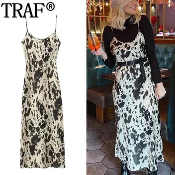 TRAF-Vestido feminino de deslizamento sem mangas com estampa animal, Vintage, Sem encosto, Sexy, Midi Party Dresses, Longo, Summer Holiday, 2022