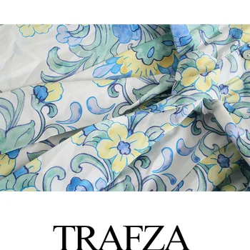 TRAFZA-Vestido Midi para Cinto Estampado com Peito Único Feminino, Vestidos Fino de Lapela, Beach Party, Chique, Elegante, Decorativo, Verão