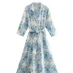 TRAFZA-Vestido Midi para Cinto Estampado com Peito Único Feminino, Vestidos Fino de Lapela, Beach Party, Chique, Elegante, Decorativo, Verão