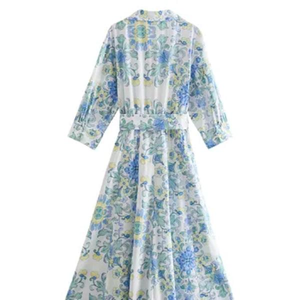 TRAFZA-Vestido Midi para Cinto Estampado com Peito Único Feminino, Vestidos Fino de Lapela, Beach Party, Chique, Elegante, Decorativo, Verão