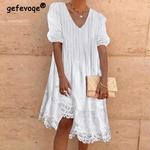 Mulheres com patchwork de renda plissado White Beach Midi Dress, Decote V, manga curta, solto, elegante, vestidos de festa, verão, moda, 2023