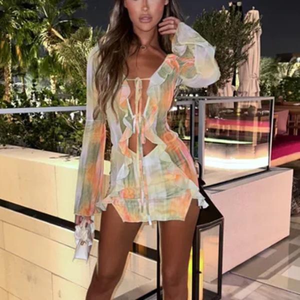 Mulheres Mini Vestido Manga Longa Lacing Tie-dye Print Patchwork Slit Bodycon Vestido para Club Party