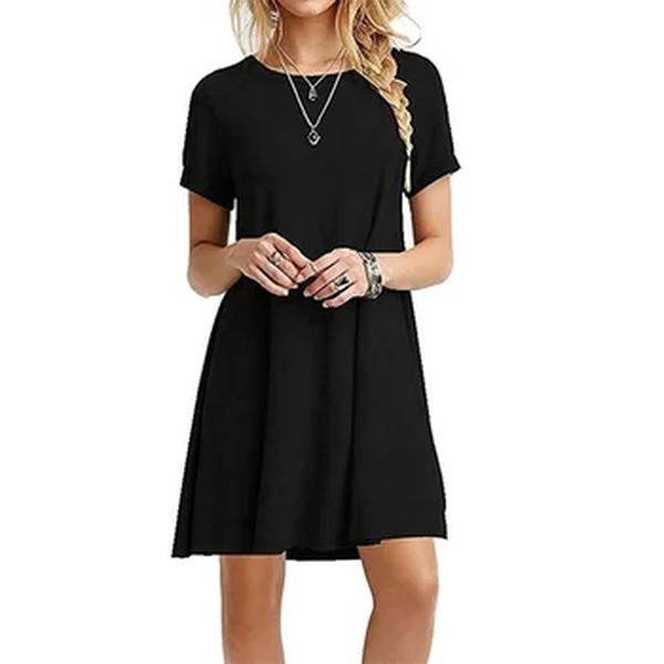 Mulheres Mini Vestido de Verão Casual Boho Praia Vestidos Cor Sólida O-Neck Manga Curta Festa A Linha Vestido Vestidos QT033