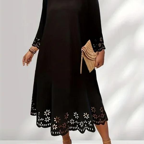 Vestido solto casual feminino, gola redonda, manga comprida, oco, cor sólida, plus size, nova moda, 1XL-5XL