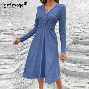 Vestido Vintage com decote em V feminino, elegante vestidos de festa, manga comprida azul, vestido Midi fino, cintura alta, sexy, moda outono, 2023