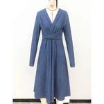 Vestido Vintage com decote em V feminino, elegante vestidos de festa, manga comprida azul, vestido Midi fino, cintura alta, sexy, moda outono, 2023