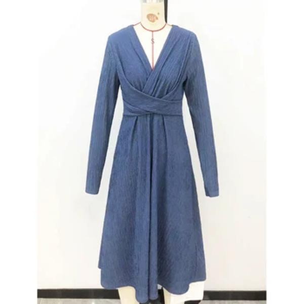 Vestido Vintage com decote em V feminino, elegante vestidos de festa, manga comprida azul, vestido Midi fino, cintura alta, sexy, moda outono, 2023