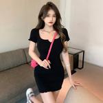 Vestido feminino com pescoço quadrado, vestido versátil, slim sxey, estilo coreano