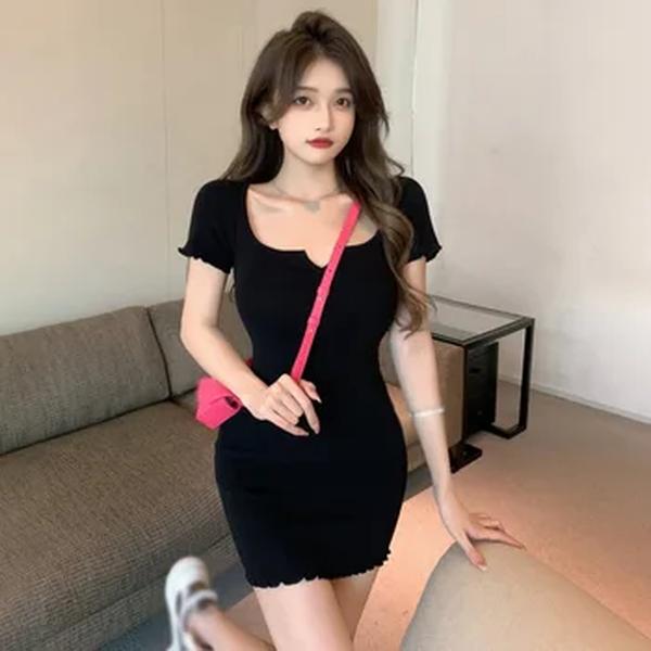 Vestido feminino com pescoço quadrado, vestido versátil, slim sxey, estilo coreano