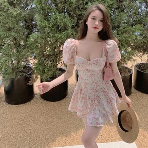 Vestido floral estilo francês feminino, manga folhada com babados, gola quadrada, cintura alta, vestido curto casual de verão