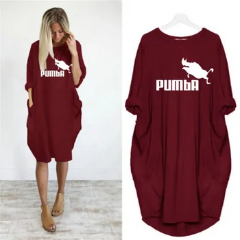 Vestido com estampa de pumba feminino, solto, gola redonda, manga longa, bolsos, confortável, casual, tamanho positivo, verão