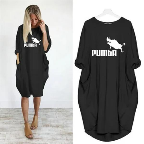Vestido com estampa de pumba feminino, solto, gola redonda, manga longa, bolsos, confortável, casual, tamanho positivo, verão