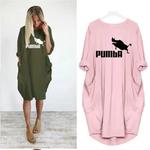 Vestido com estampa de pumba feminino, solto, gola redonda, manga longa, bolsos, confortável, casual, tamanho positivo, verão