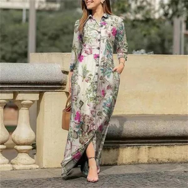 Vestido feminino casual de algodão estampado floral manga comprida lapela, roupão de férias, camisa abotoada, estilo longo