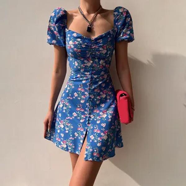 Vestido floral com decote em v feminino, manga bolha, roupas femininas, curto, vestidos à venda, desembaraço, elegante