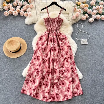 YuooMuoo-vestido longo elástico de cintura alta, moda coreana, estampa rosa, vestido de festa retrô romântico para férias e praia, verão