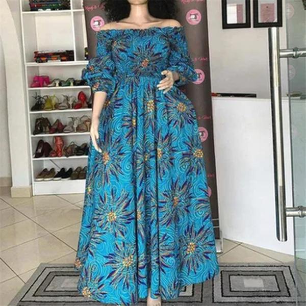 Vestido de festa estampado nacional africano para mulheres, vestido maxi casual feminino, sexy com gola de barra, manga comprida, vestido elegante solto, vintage, novo