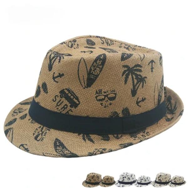 Chapéu de palha estampado masculino, desenho animado, vento britânico, praia, viseira solar, chapéus de jazz, verão
