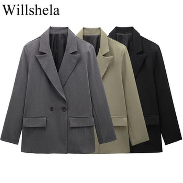 Willshela-Blazer de trespassado duplo feminino com bolsos, mangas compridas vintage, pescoço entalhado, roupas de escritório femininas, moda feminina, monocromática