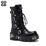 GOGD-Ankle Boots femininos plataforma, botas de motocicleta, botas militares de panturrilha, cinto gótico, sapatos punk, fivela de metal, marca de moda