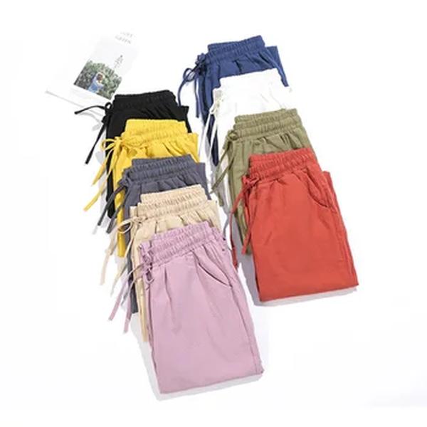 Calça feminina harém de linho algodão, elástico sólido na cintura, cores doces, calça casual feminina, primavera, verão