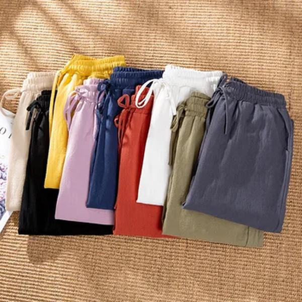 Calça feminina harém de linho algodão, elástico sólido na cintura, cores doces, calça casual feminina, primavera, verão