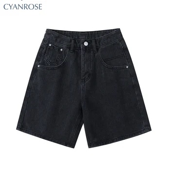 Shorts jeans de cintura alta feminino, moda feminina de rua, jeans de perna larga, botão, solto, plus size, moda feminina, verão, 2022