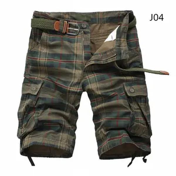 Shorts de praia xadrez casual masculino, calça curta militar, bermuda masculina, macacão de carga, sem cinto, moda, verão, 2024