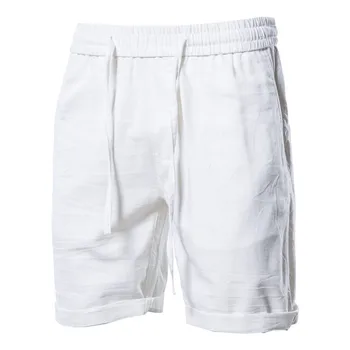 Shorts de algodão misturado de linho masculino, monocromático, confortável, respirável, calça esportiva, roupa casual, verão